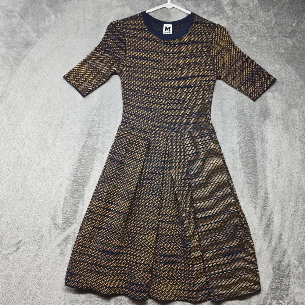 M Missoni Knit Fit and Flare Pleated Dress Womens US 2 Blue Orange Geometric